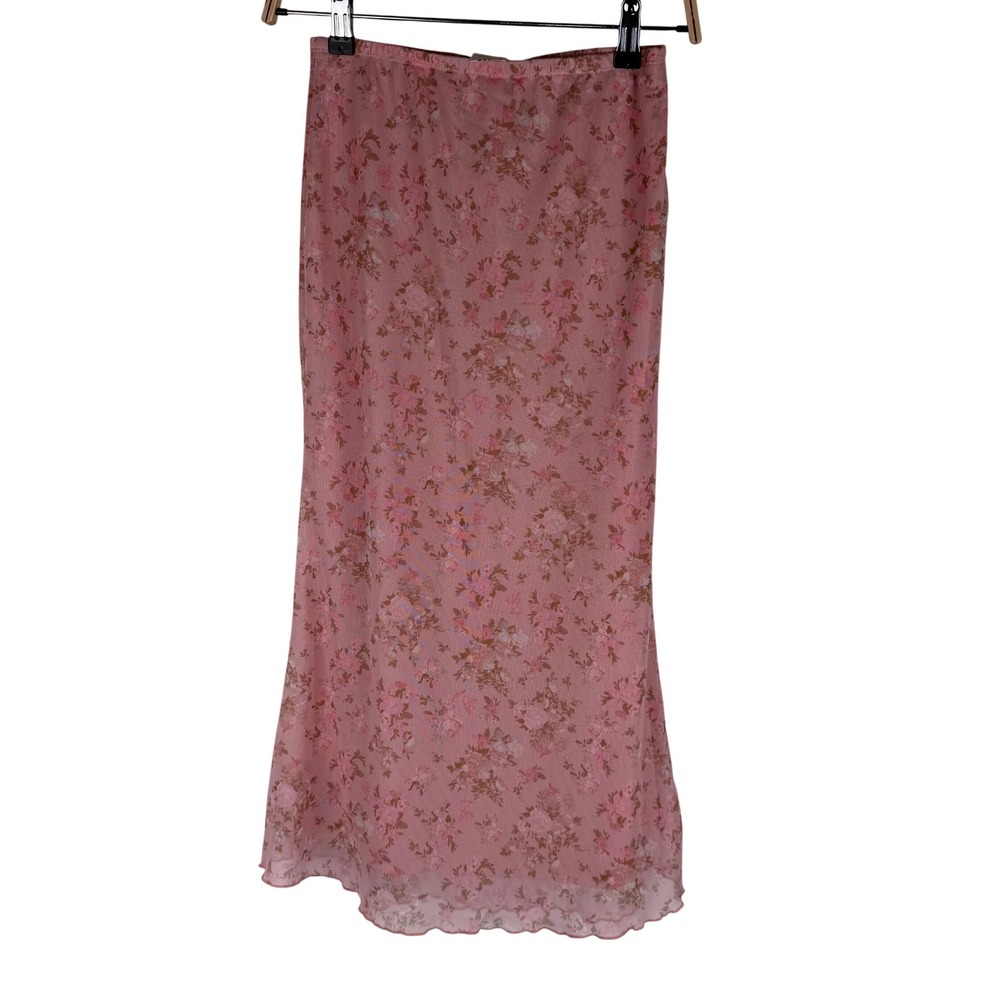 Shein Pink Floral Mesh Midi Skirt Lettuce Edge Y2K Fairycore sz2304044845854758